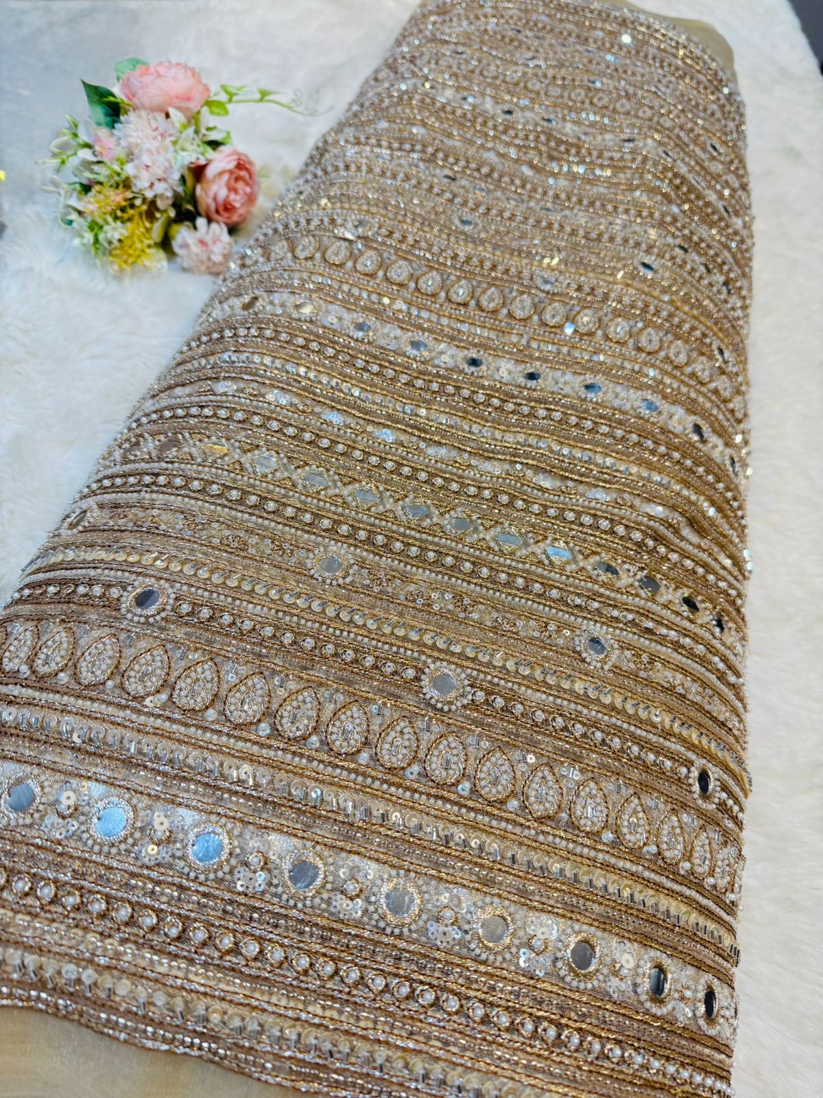 Nazakat Net Handwork Embroidery 44 inch width Stripe Pattern Beige