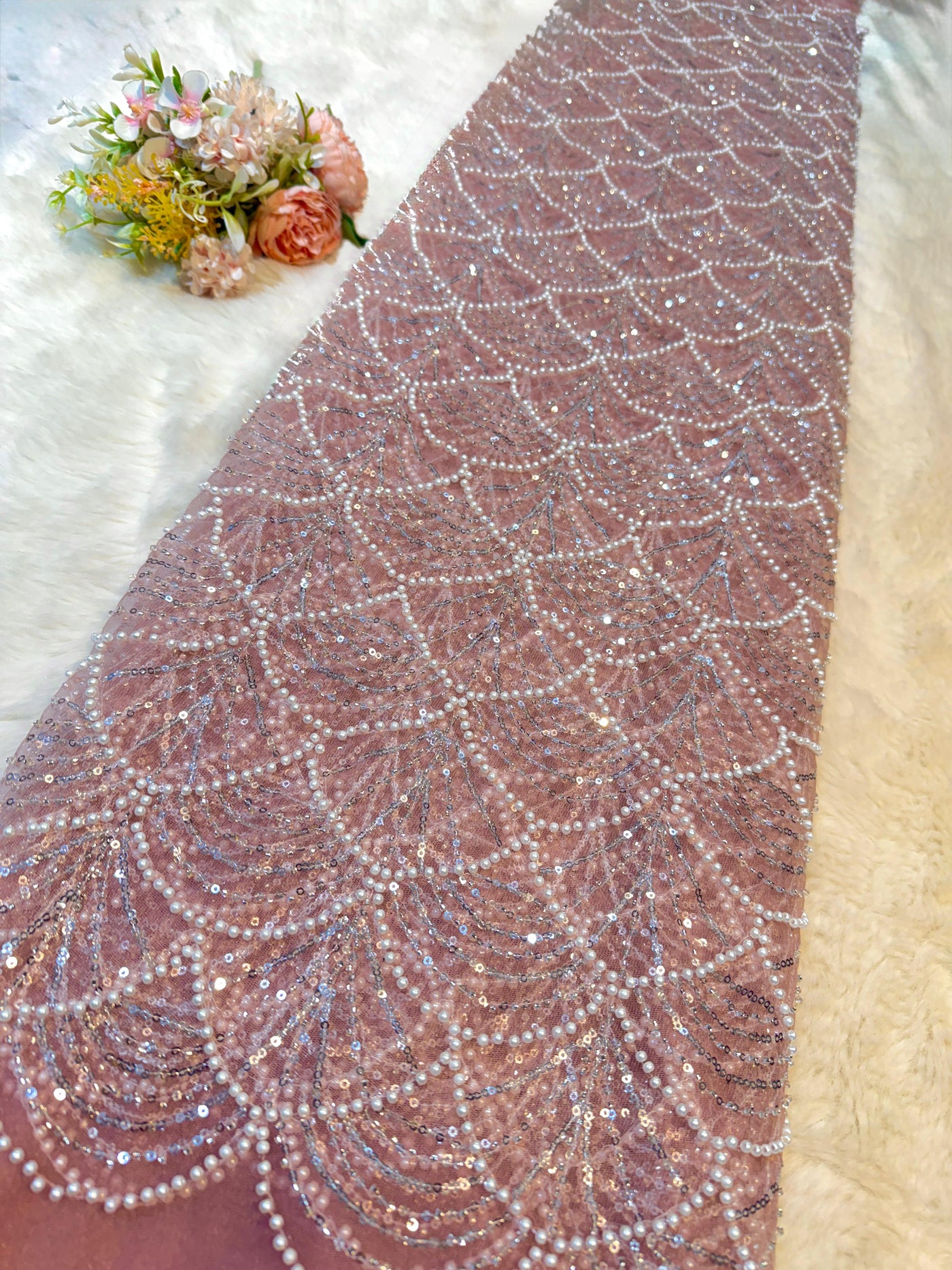 Elif Lite Pink Color Handwork Net Embroidery With Pearl Sequins and Cutdana Work 50 Inch width