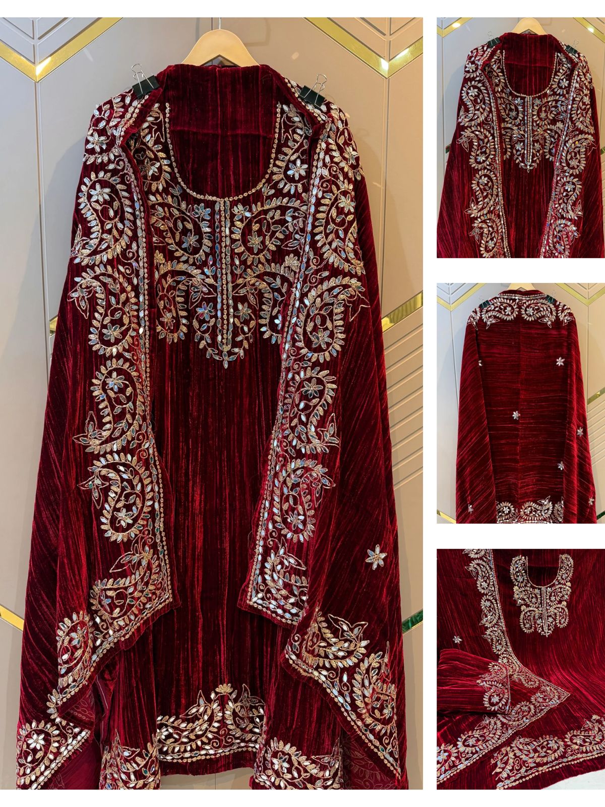 Maroon Crush Velvet Handwork Suit Set