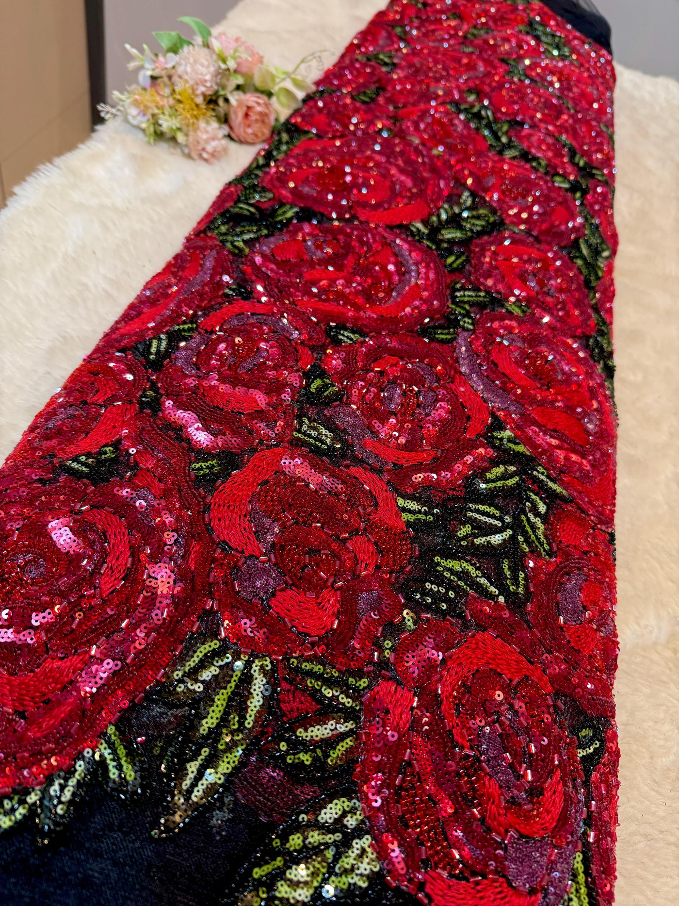 Rose Bouquet Handwork Net Embroidery 54 inch width With sequins and Cutdana Work