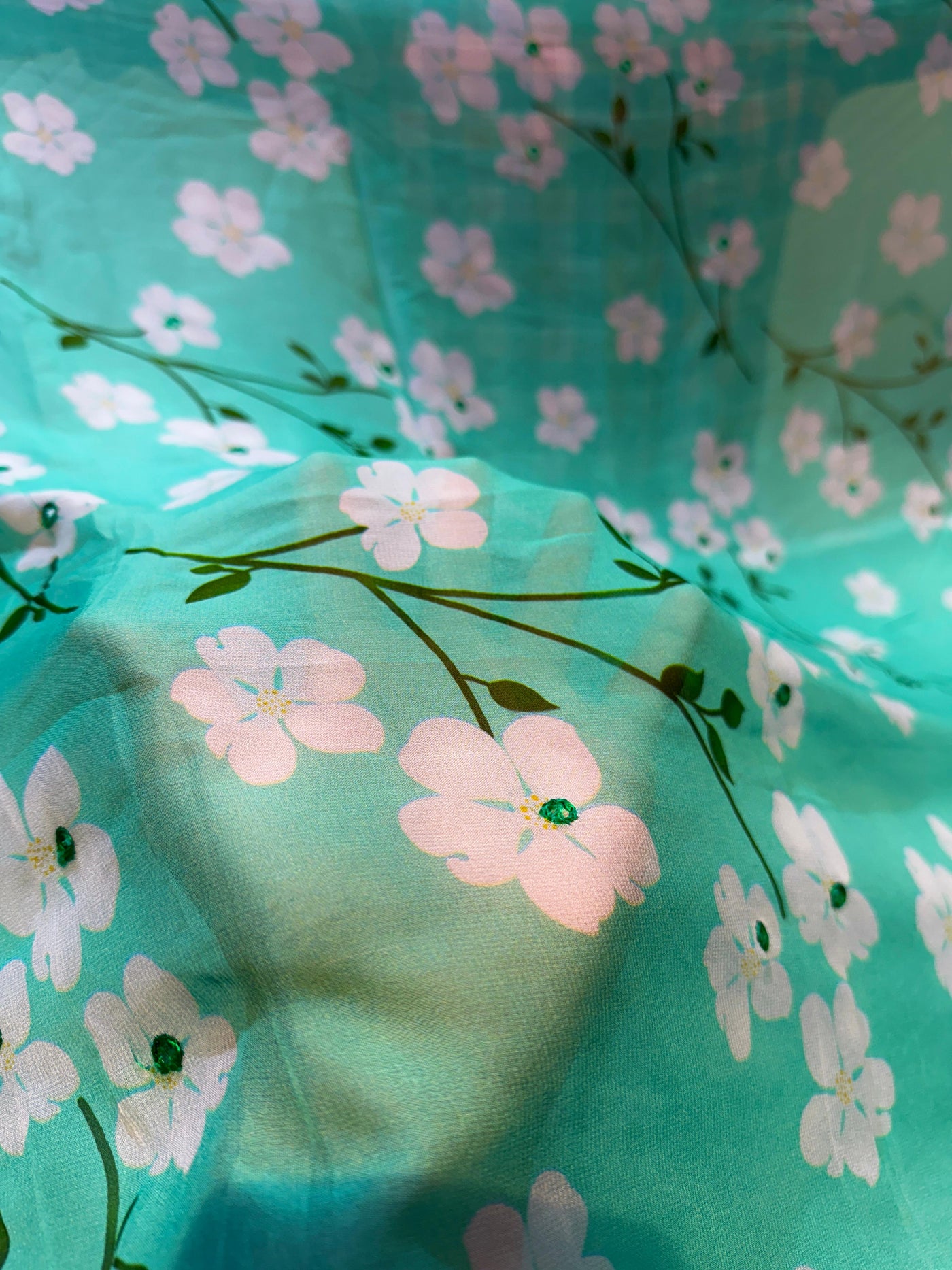 Simran Pure Georgette Floral Print With Mirror Highlights 44 inch width Aqua Green Color