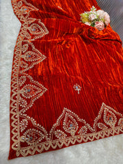 Rust Crush Velvet Real Mirror Handwork Dupatta 2.50 meter length
