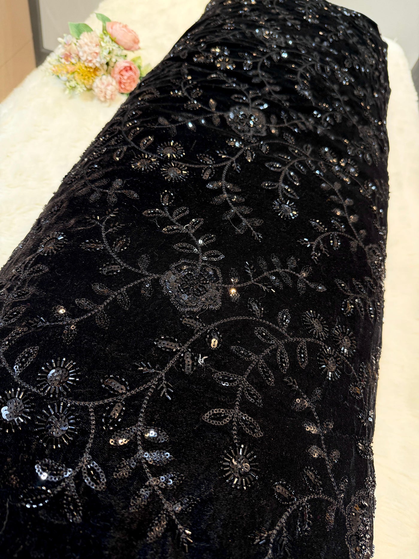Velvet Net Cutdana and Sequins with Threadwork Embroidery 44 Inch Width