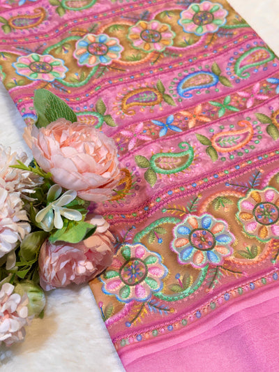 Pink Georgette Chikankari Stripe Floral Threadwork Embroidery 44 inch width