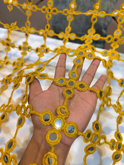 Mustard yellow Crochet With Faux Mirror Embroidery 39 inch width