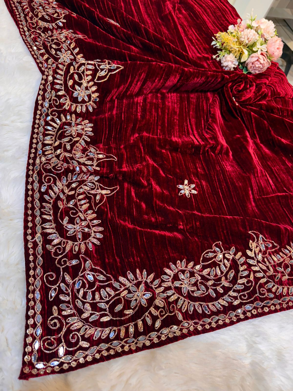Maroon Pure Crush Velvet Real Mirror Handwork Dupatta 2.50 meter length