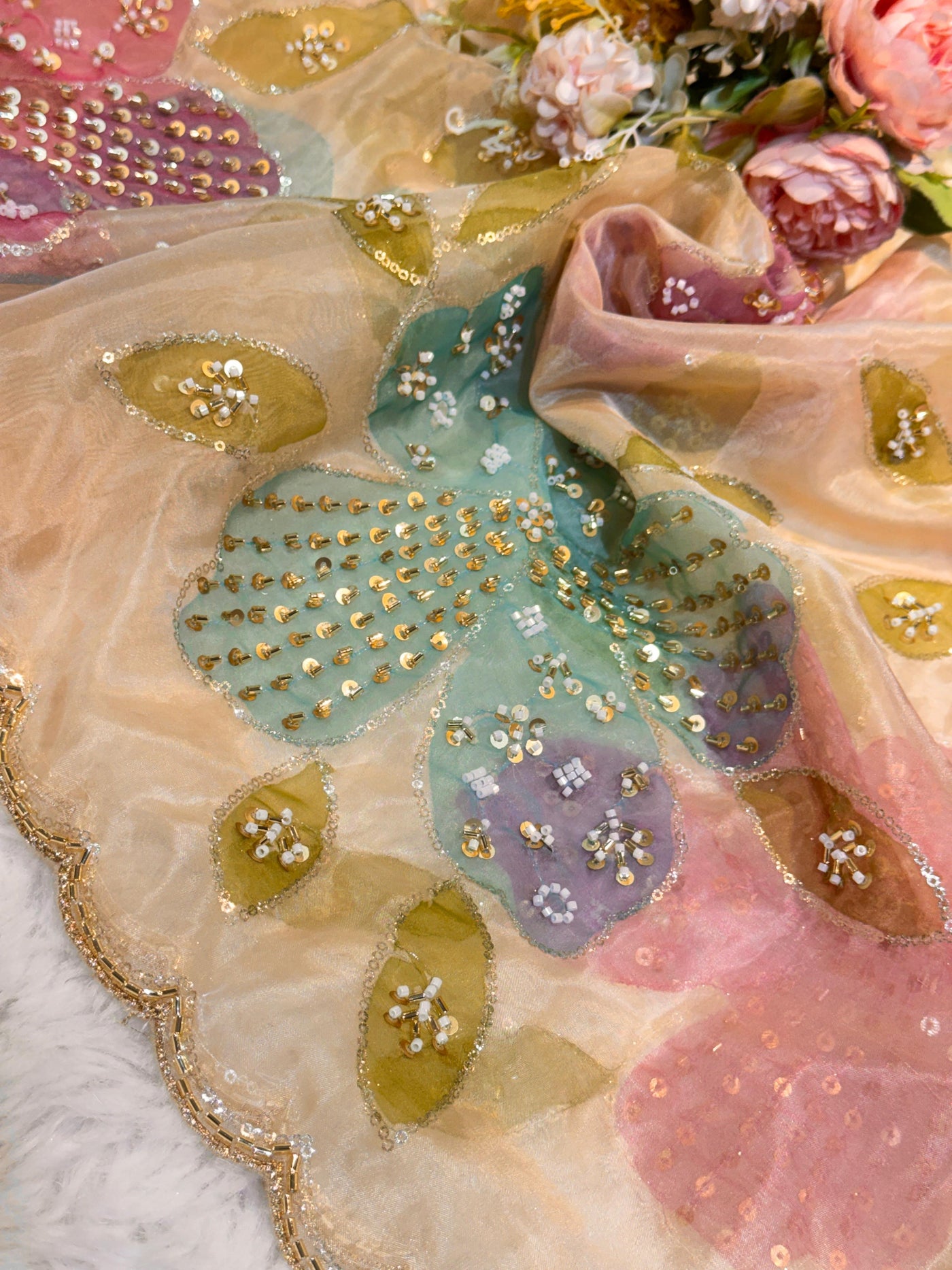 Ayesha Beige Pure Organza Handwork Dupatta With Floral Work and Four Side Scalloped Borders 2.40 meter length