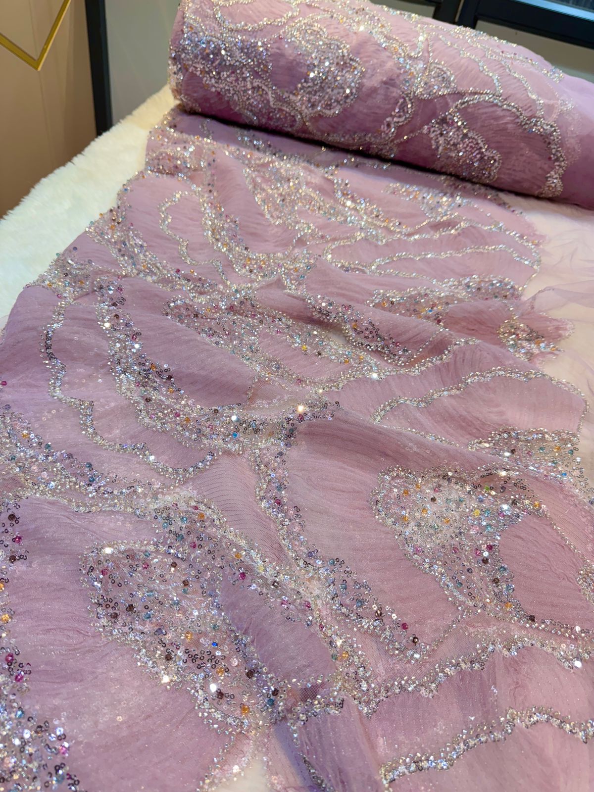 Fella Applique Handwork Net Embroidery 54 Inch Width With Crystals And beads and Cutdana work