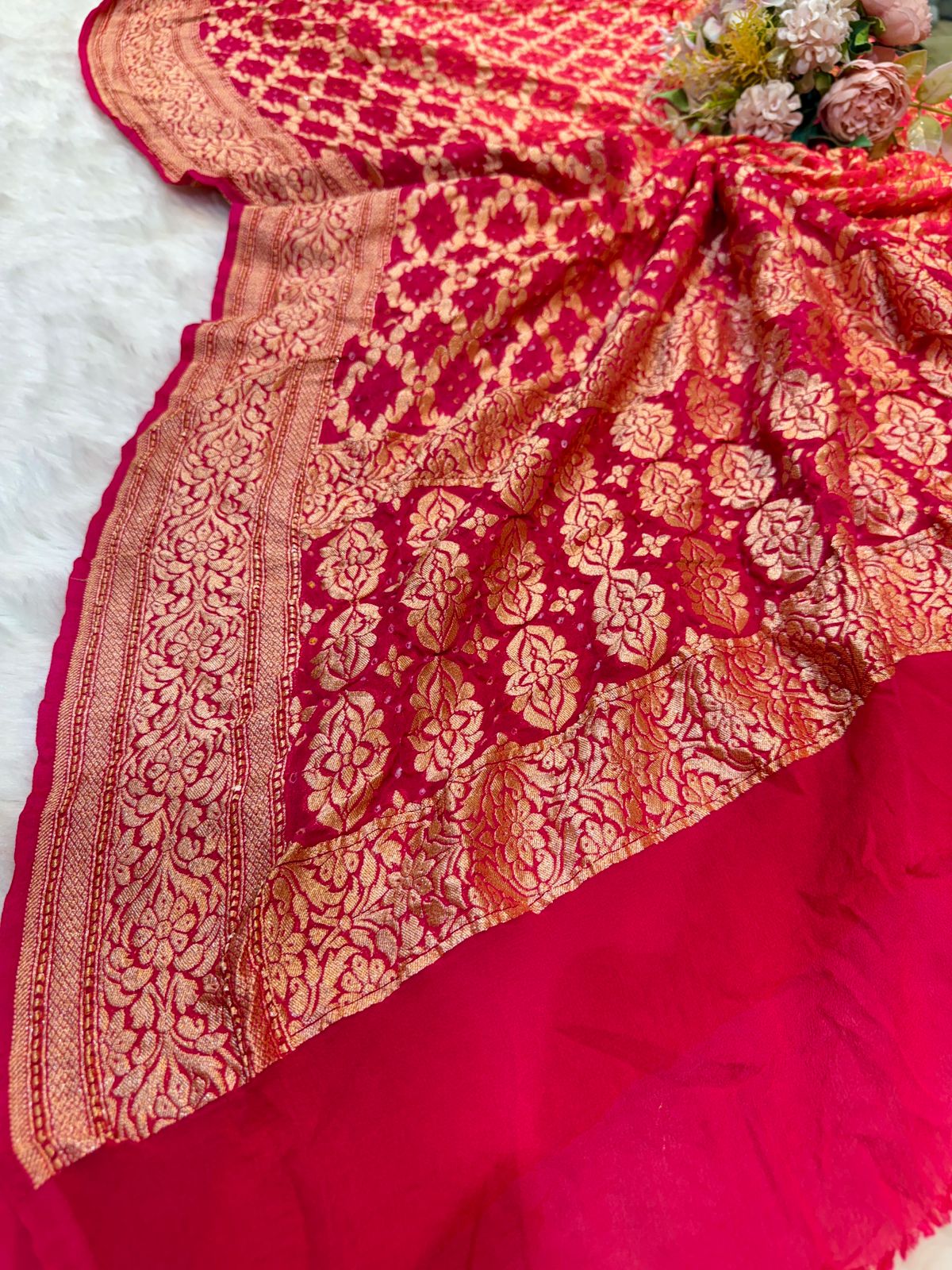Pure Georgette Handmade Bandhini Dupatta with Banarasi Work 2.50 meter length