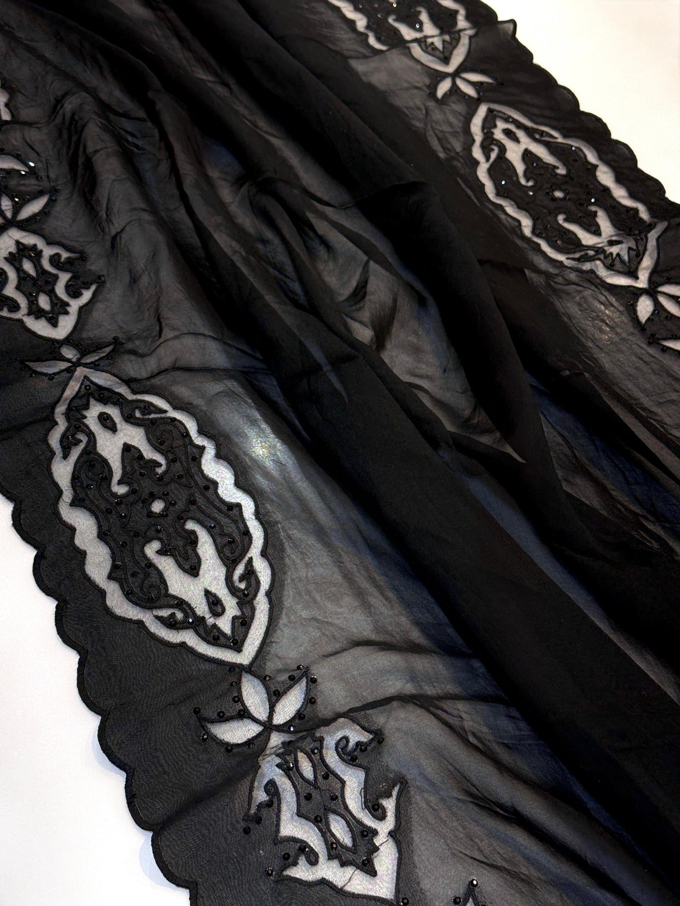 Black Pure Organza Handwork Dupatta with scallop borders 2.50 meter length with stone work