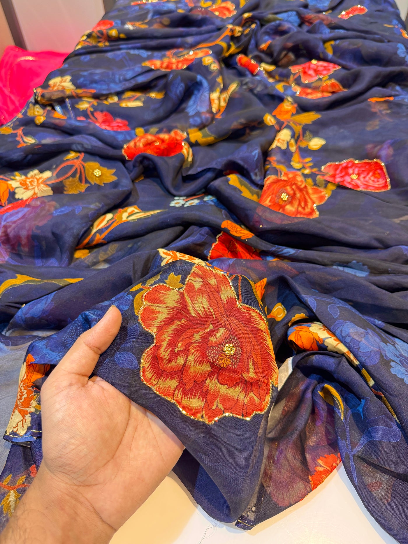 Navy Blue Mezzo Supersoft Tabby Silk Handwork Floral 44 inch width