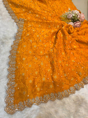 Falak Dark Mustard Pure munga Silk Original Hand bandhej dupatta with Banarsi booti and Cutwork borders