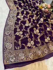 Sandook Dark Purple Pure Georgette Banarsi Dupatta With Handwork 2.50 Meter length