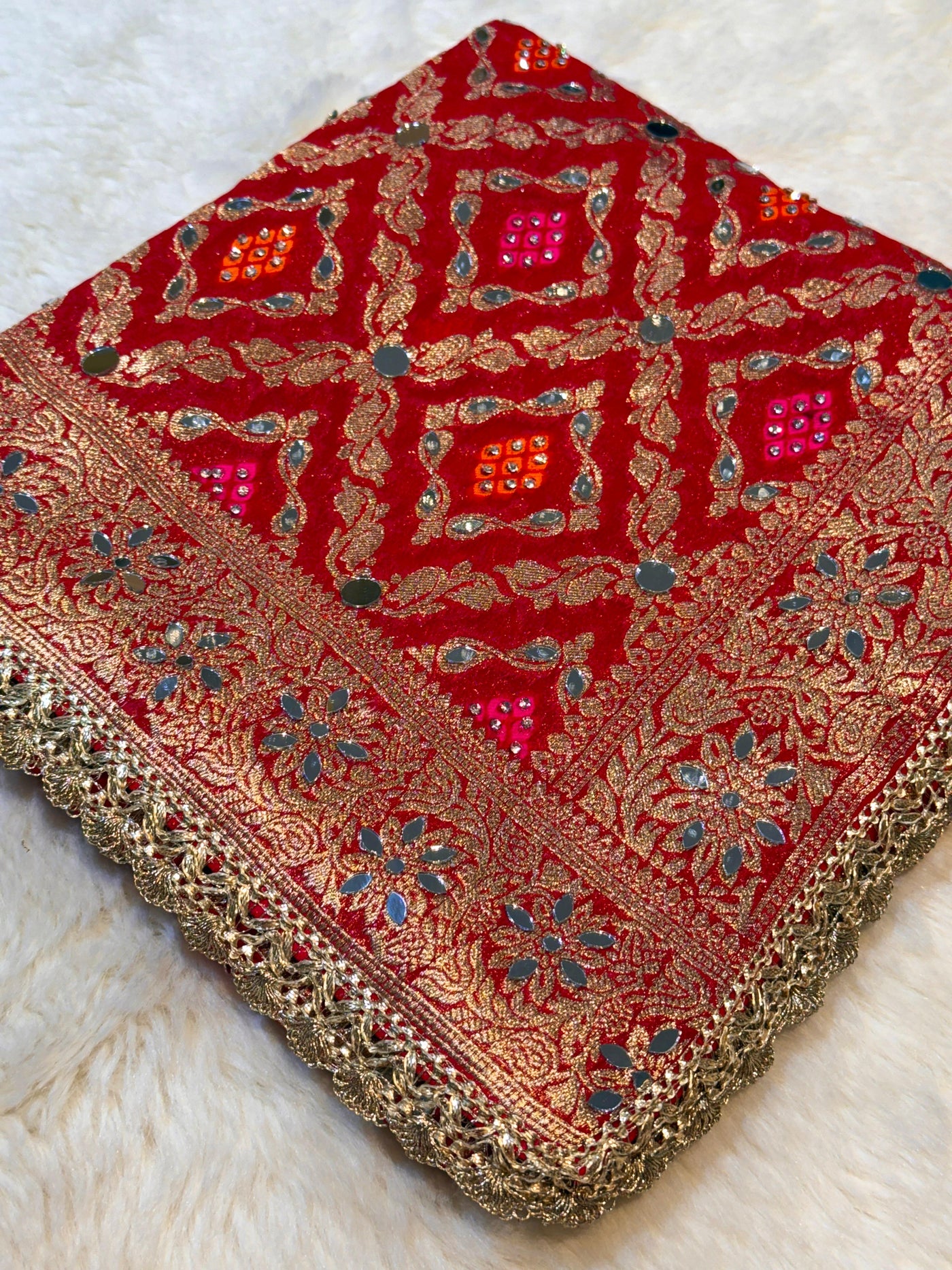 Red Sheeshmahal Pure Georgette Handwork Dupatta 2.35 Meter Length
