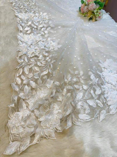 Saisha White Net Scalloped Dupatta With Floral Royal Cutwork 2.50 meter length
