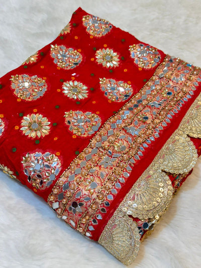 Sheeshmahal Hot Red Real Mirror Handwork Dupatta Pure Georgette Base 2.40 meter length