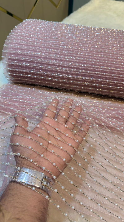 Net Stripe Handwork Nets with Cutdana and Pearl work 54 inch width
