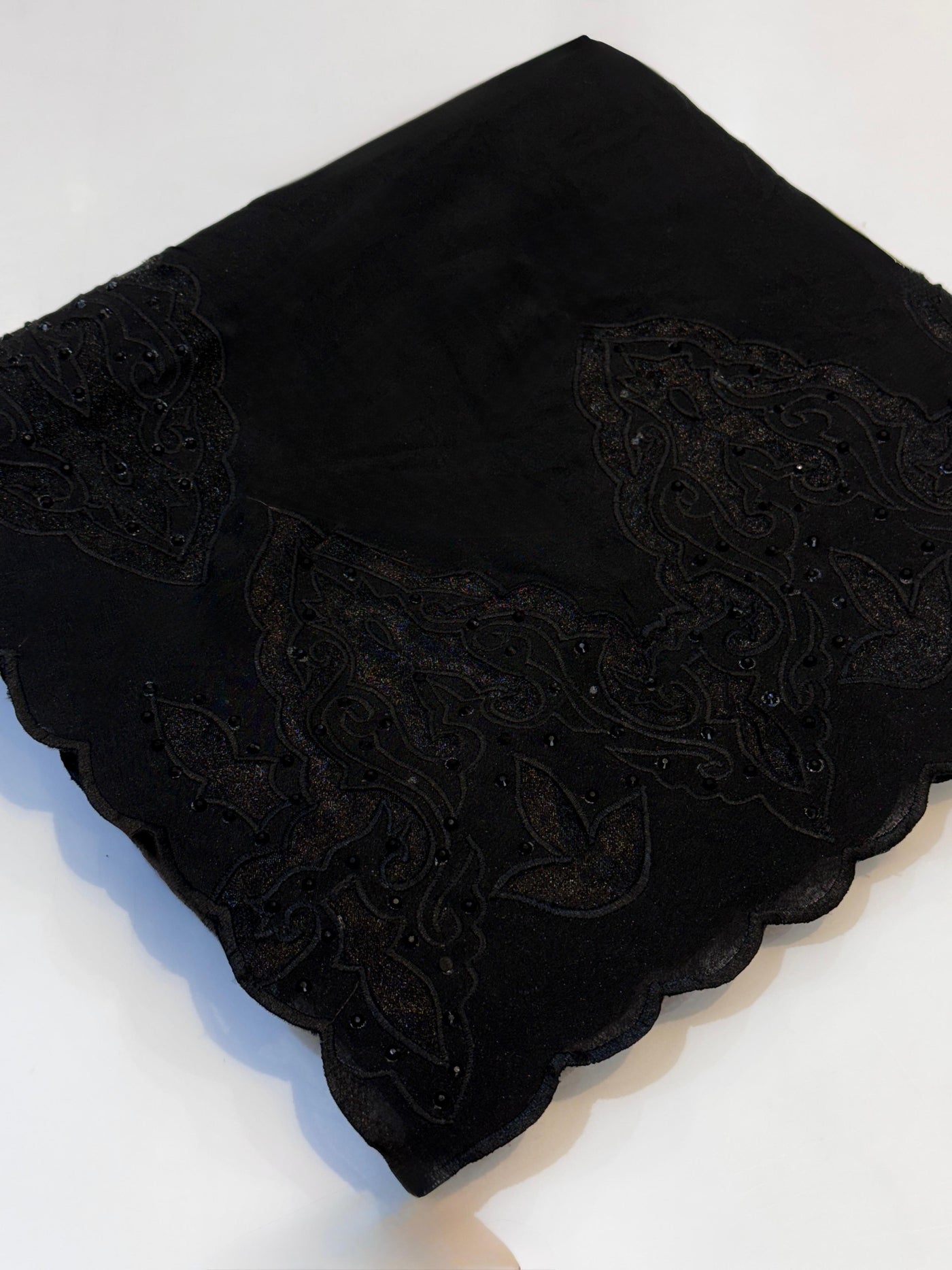 Black Pure Organza Handwork Dupatta with scallop borders 2.50 meter length with stone work