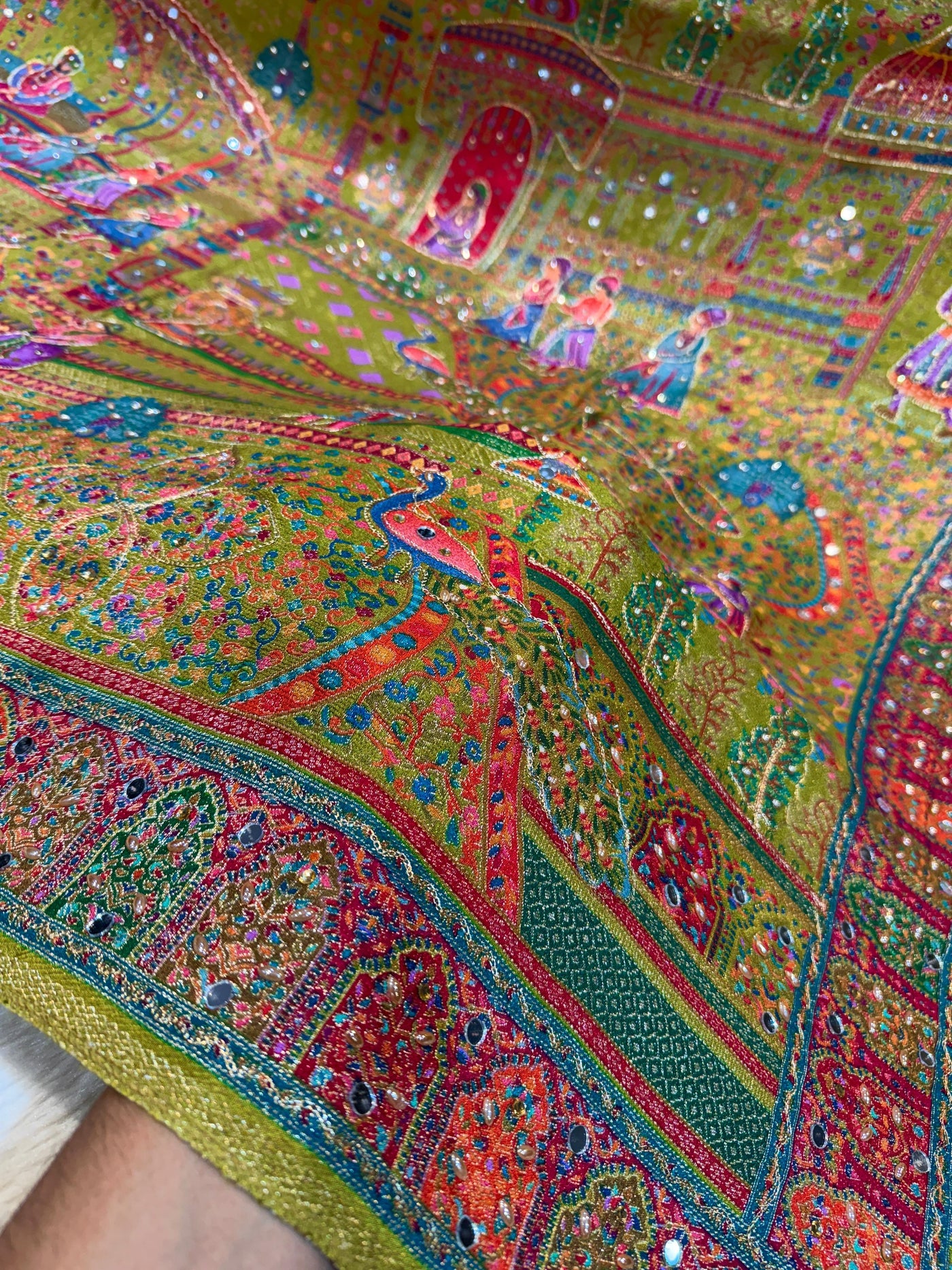 Darbar Mehndi Green Pure Silk Dupatta with Real Handwork 2.50 meter length