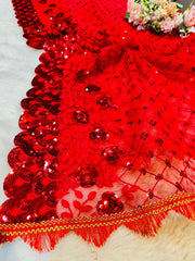 Hot Red Net Cutwork Dupatta with sequins and thread work 2.40 meter length