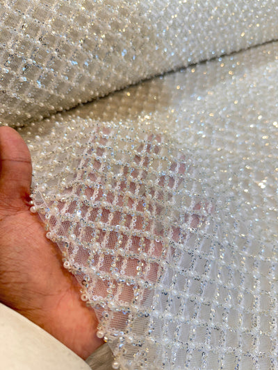 Pearl White Handwork Net Embroidery Checks Pattern  with Cutdana and Pearl Work 54 inch width