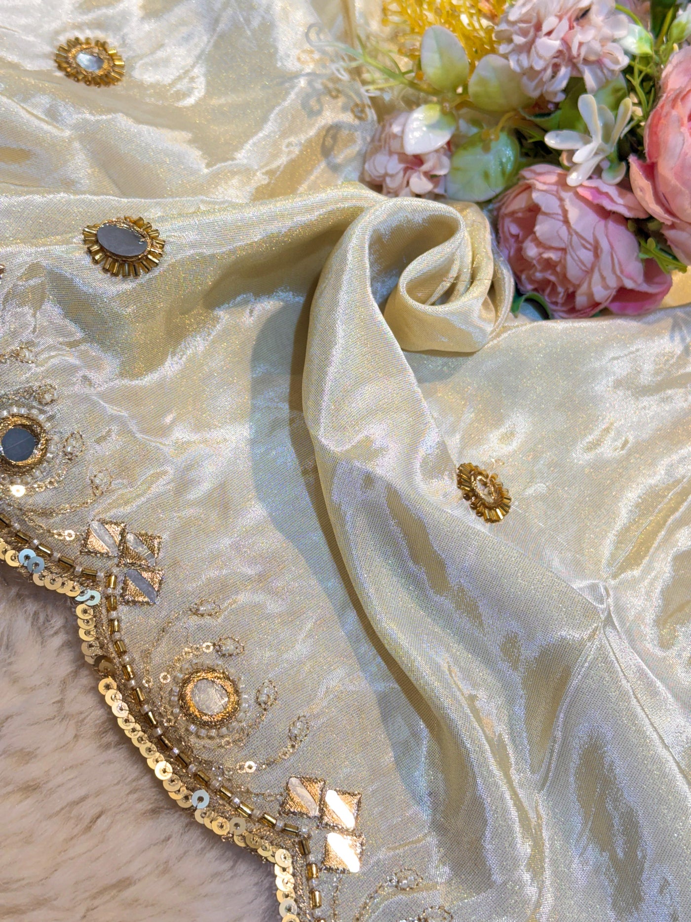 Mehz Zari Tissue Handwork Dyeable Dupatta with Four Side Mirror Cutdana Work Borders (2.40 meter length)