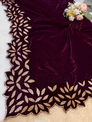 Wine Pure Velvet Gota Work Scallop Stole 2.20 meter length