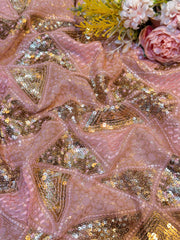 (Precut of 0.65 Meter) Pink Georgette Thread And Sequins Embroidery Prism Pattern 44 inch width