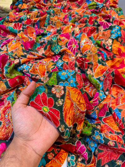 Luxury Crape Floral Print Embroidery With Handwork 44 Inch width