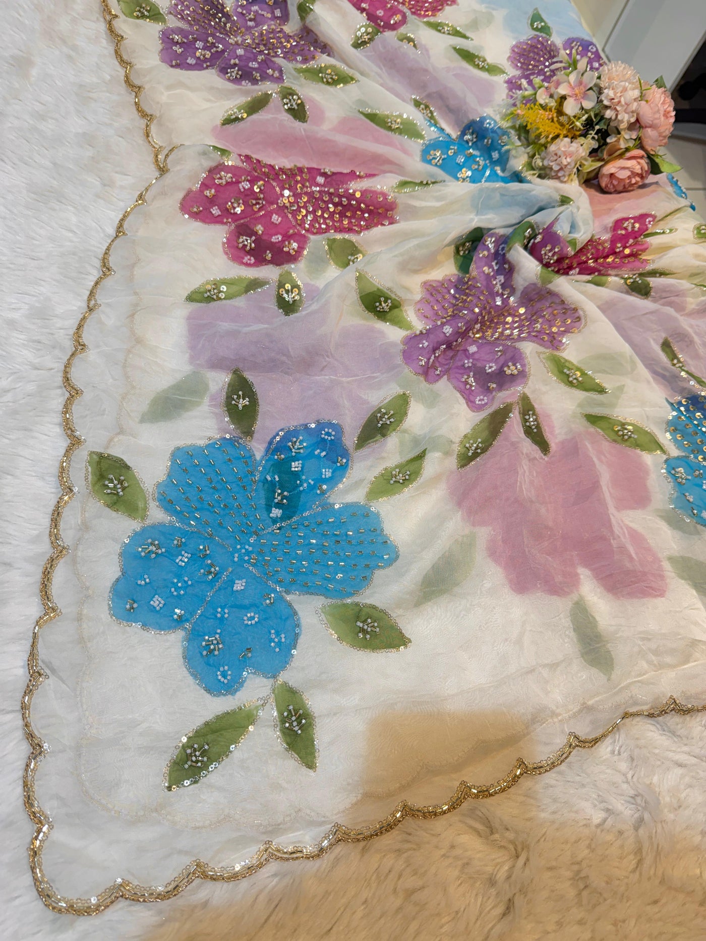 Ayesha white Pure Organza Handwork Dupatta With Floral Work and Four Side Scalloped Borders 2.40 meter length