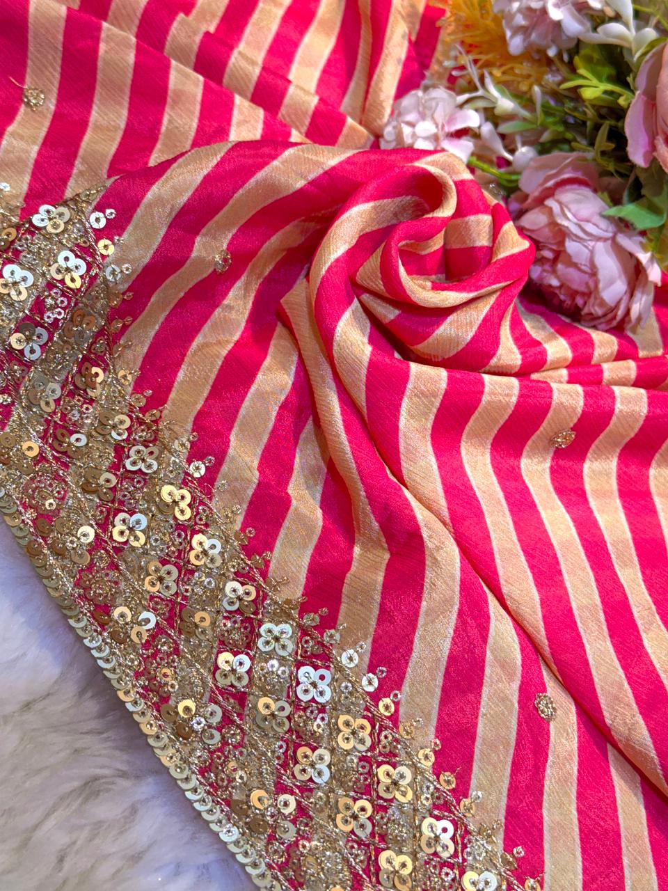 Traditional Pure Chinon Magenta Lehria Dupatta with Sequins Work Border 2.40 meter length