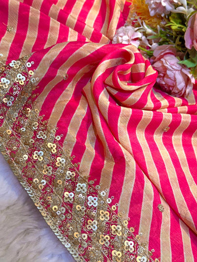 Traditional Pure Chinon Magenta Lehria Dupatta with Sequins Work Border 2.40 meter length