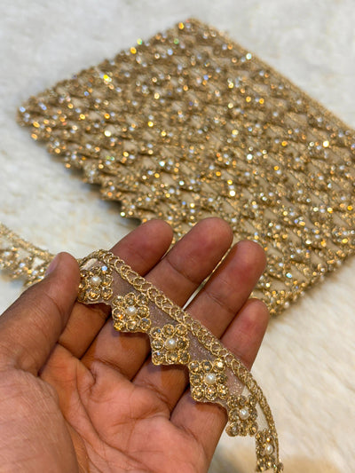 (Wholesale pack of 9 meter ) Lace Border With Stone and Pearl Work