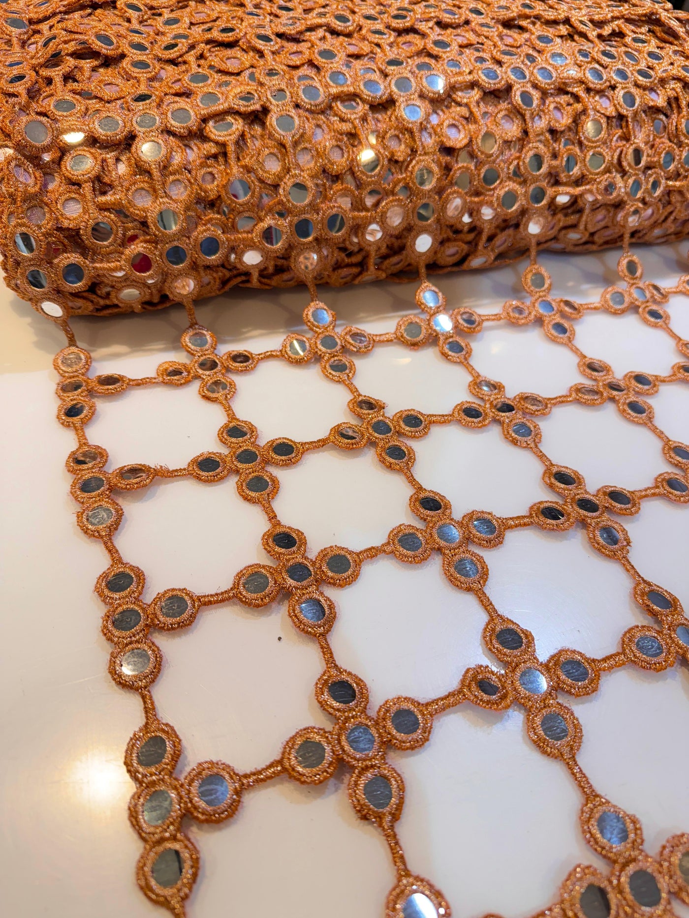Peach Crochet With Faux Mirror Embroidery 39 inch width