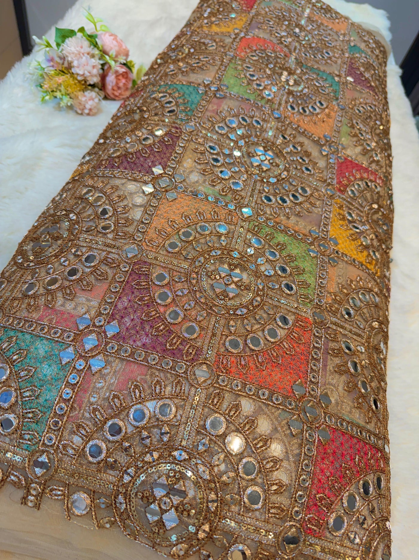 (Preorder of Dispatch after 45 Days) Gulkand Net Threadwork Embridery 44 inch width Beige color base