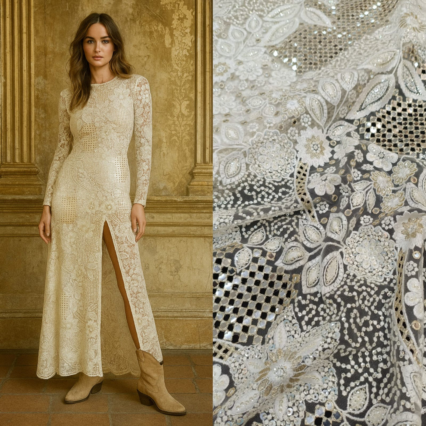 Neom Chikankari  Net Embroidery With Mirror work and cutwork 45 inch width