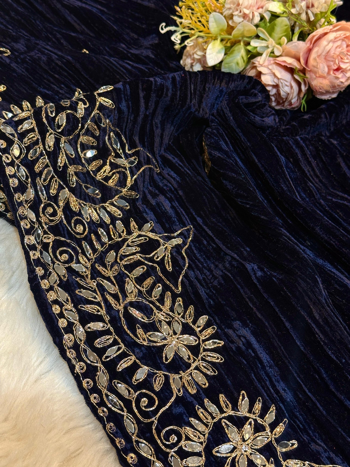 Navy Blue Pure Crush Velvet Real Mirror Handwork Dupatta 2.50 meter length