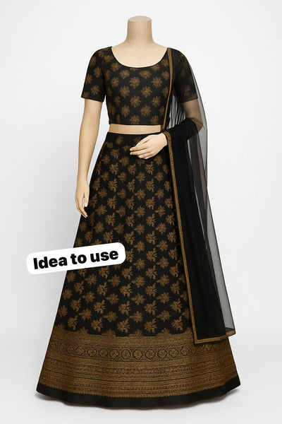 Black Dola Silk Jacquard With Daaman Embroidery 48 inch width