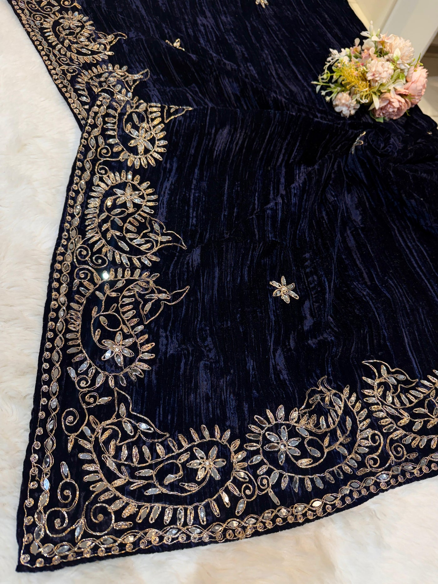 Navy Blue Pure Crush Velvet Real Mirror Handwork Dupatta 2.50 meter length