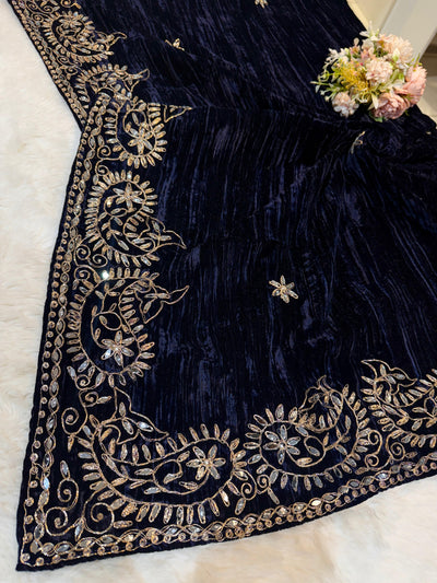 Navy Blue Pure Crush Velvet Real Mirror Handwork Dupatta 2.50 meter length