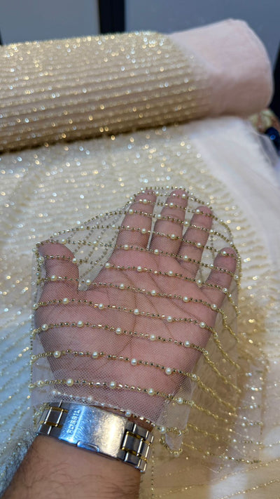 Net Stripe Handwork Nets with Cutdana and Pearl work 54 inch width