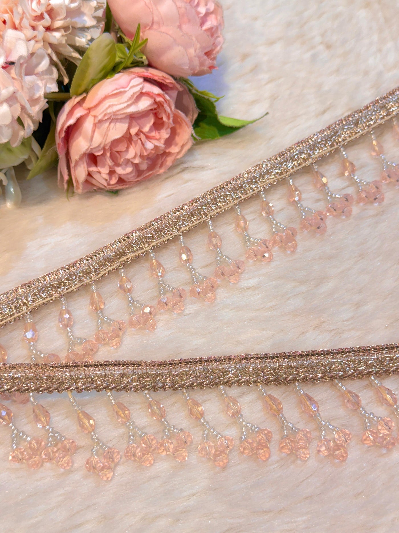 (Wholesale pack of 9 meter ) Luxury Latkan Lace Baby Pink Colour with Crystal work