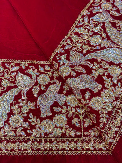 Red Ivy Velvet Daaman Zari embroidery 44 Inch width