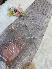 (Precut of 1.10 Meter) Dusty Grey Handwork Net Embroidery With Sequins Work 44 Inch