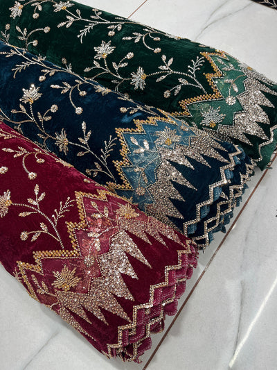 (Mix and Match ) Pure Velvet Handwork Embroidery 54 inch width / velvet  Dupatta With Two side Borders  37 inch width