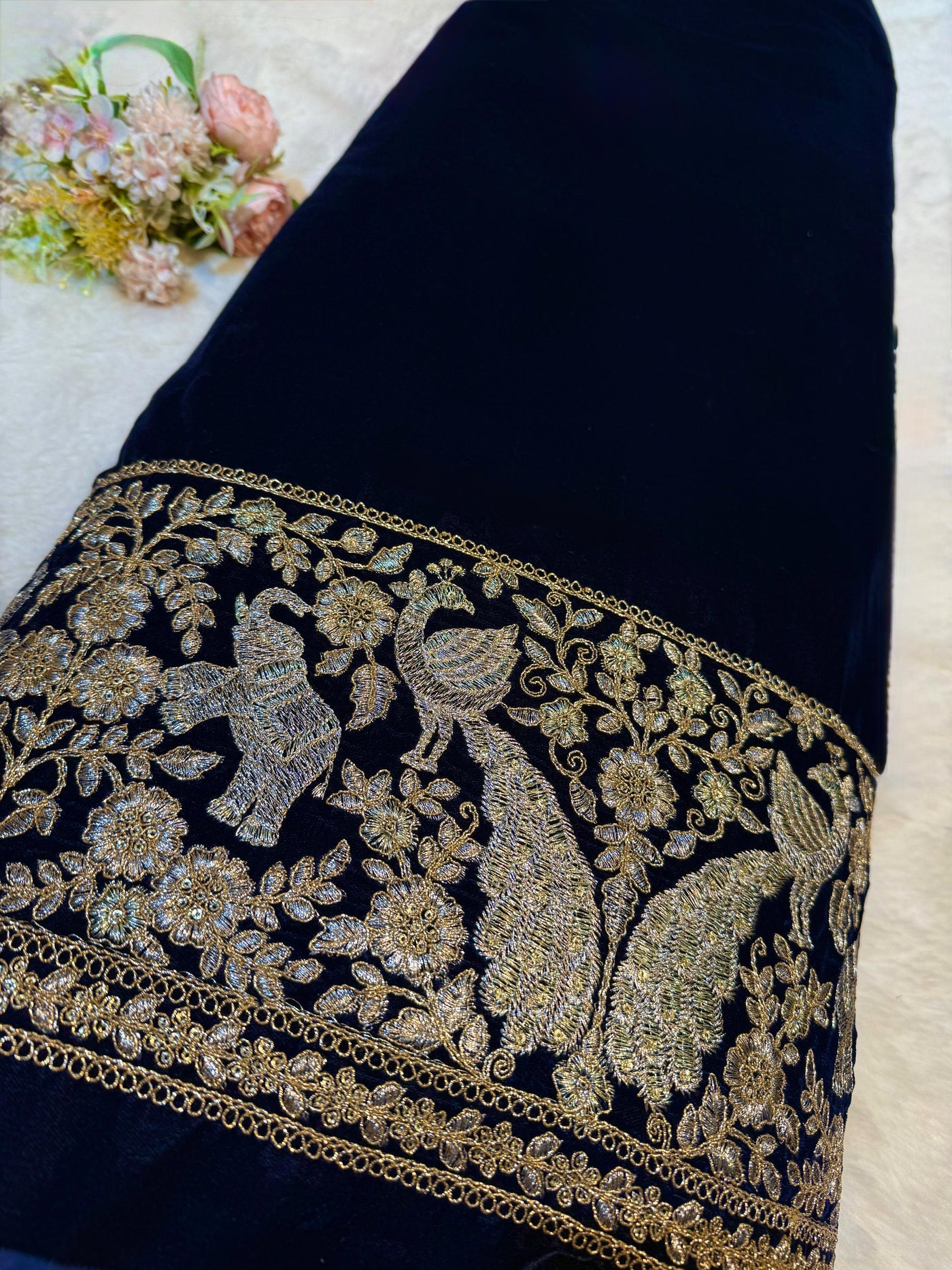 Navy Blue Ivy Velvet Daaman Zari embroidery  44 Inch width