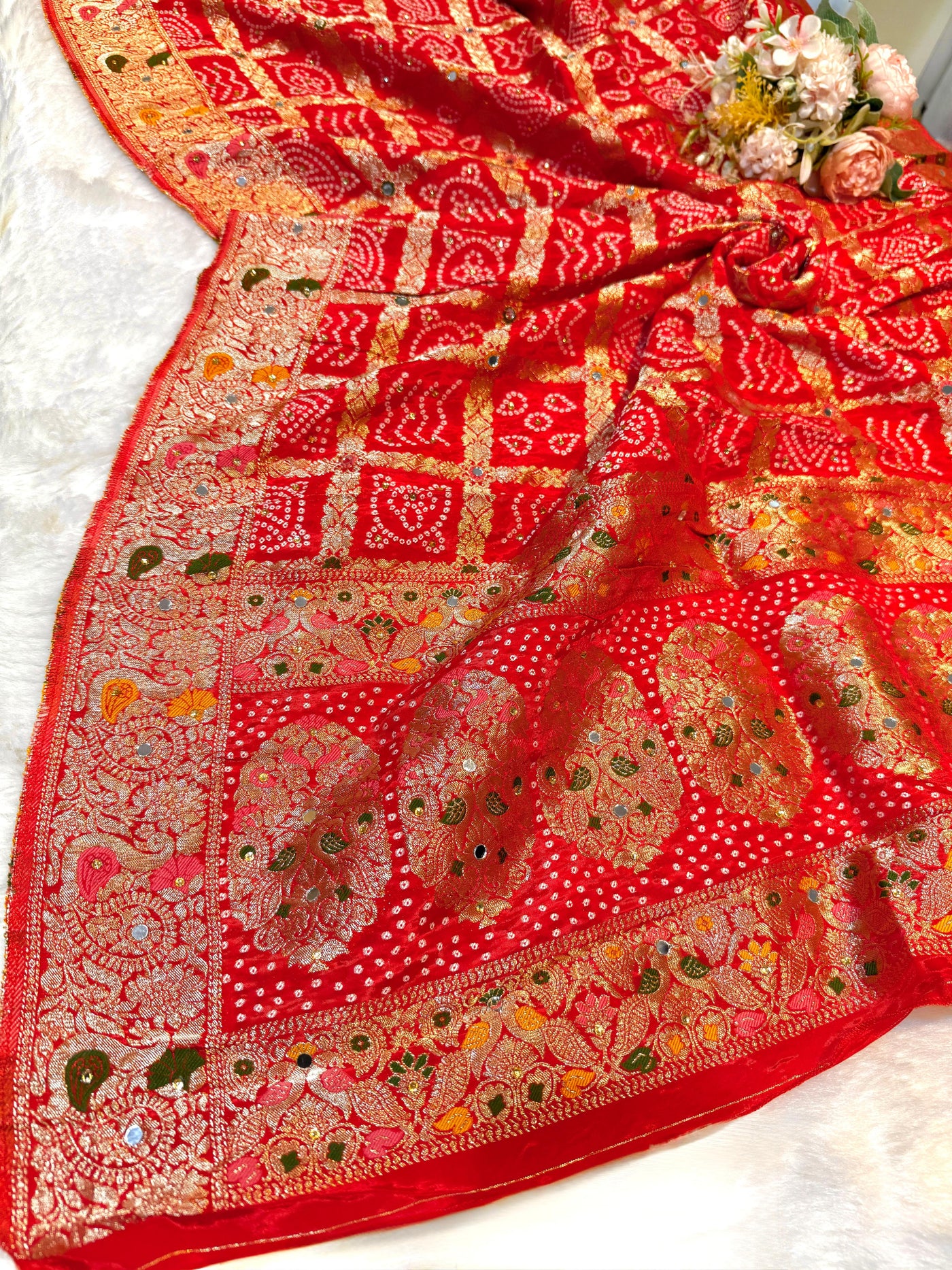 Pure Silk Bandhej Dupatta With Real Mirror Handwork 2.30 meter length