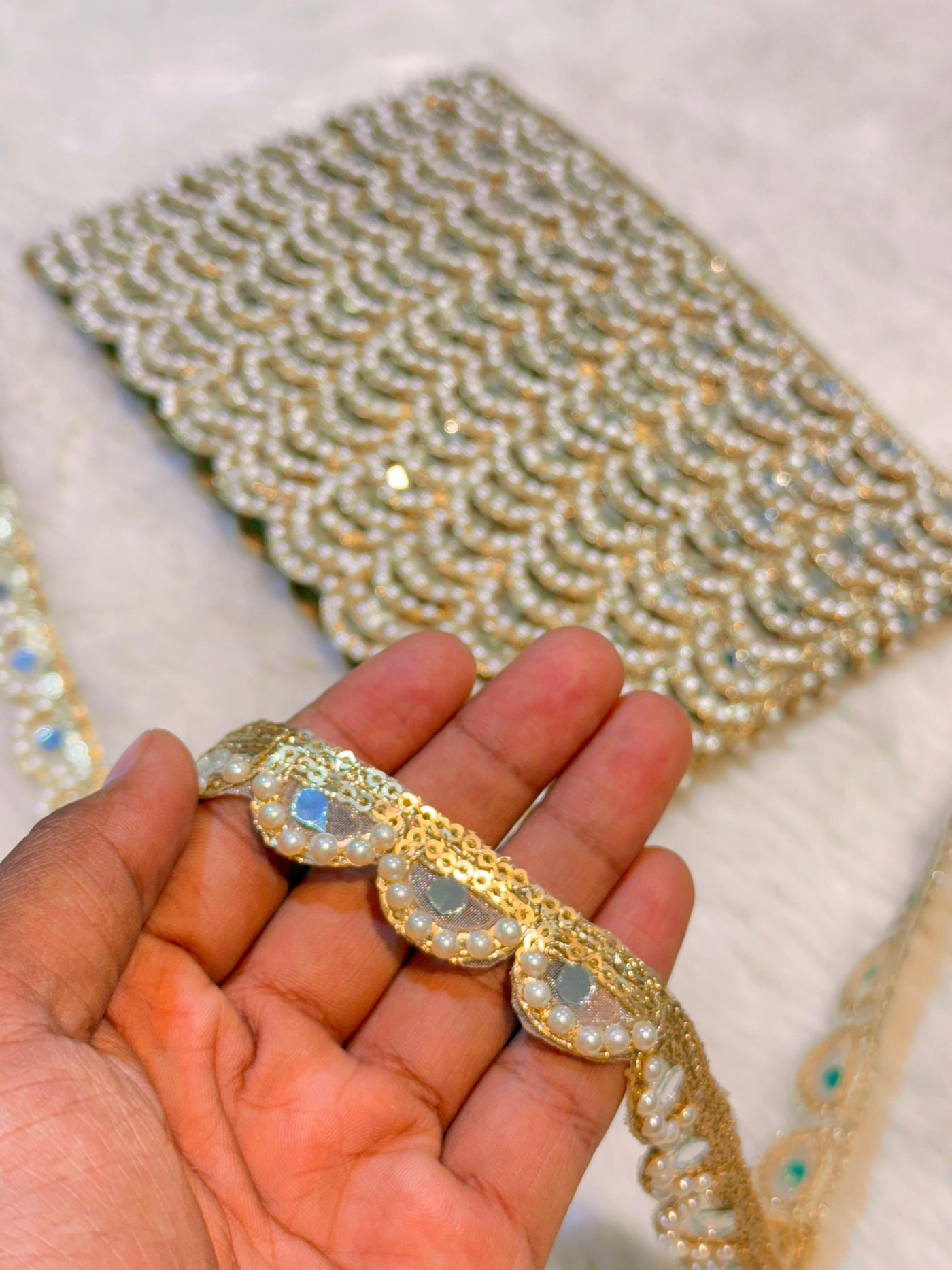 (Wholesale pack of 9 meter ) Lace Border With Pearl Sequins and Mirror Work