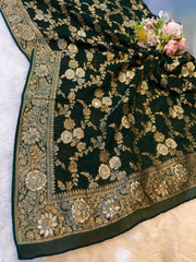 Sandook Bottle  Green Pure Georgette Banarsi Dupatta with Handwork 2.50 meter length