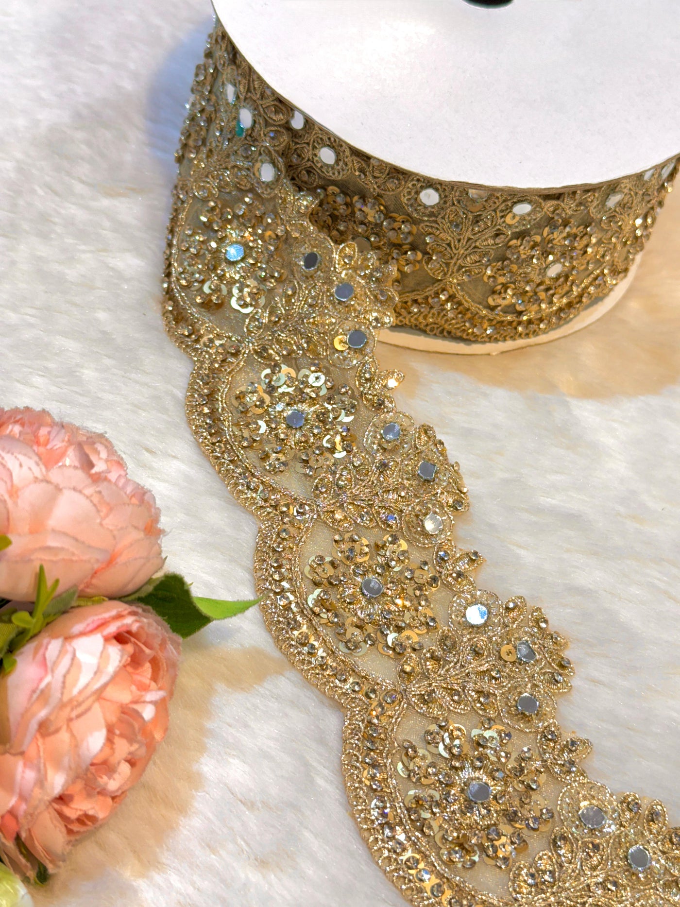 (Wholesale pack of 9 meter ) Lace Border With  Stone Sequins and Mirror work